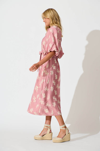 Jasmine Midi Shirt Dress in Dusty Rose with Cream Leaf