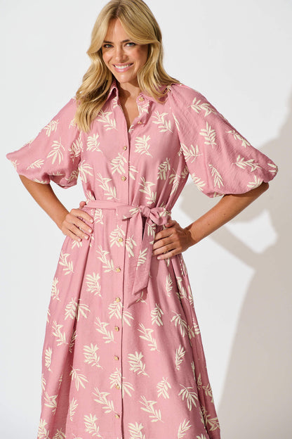 Jasmine Midi Shirt Dress in Dusty Rose with Cream Leaf