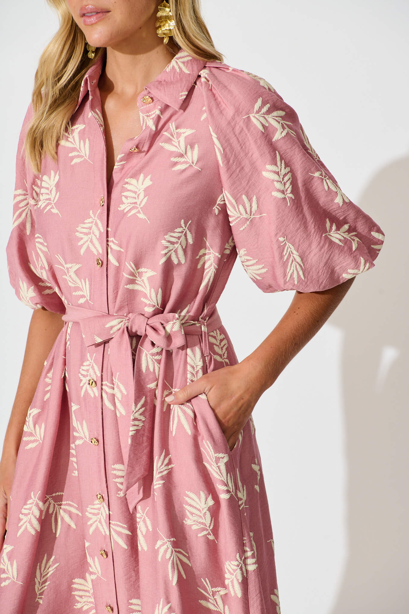 Jasmine Midi Shirt Dress in Dusty Rose with Cream Leaf