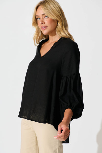 Jasper Top In Black Linen Blend