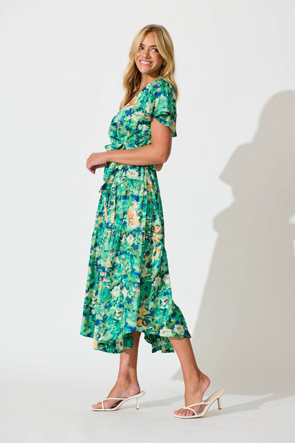 Heidi Maxi Dress In Green Watercolour Floral Satin