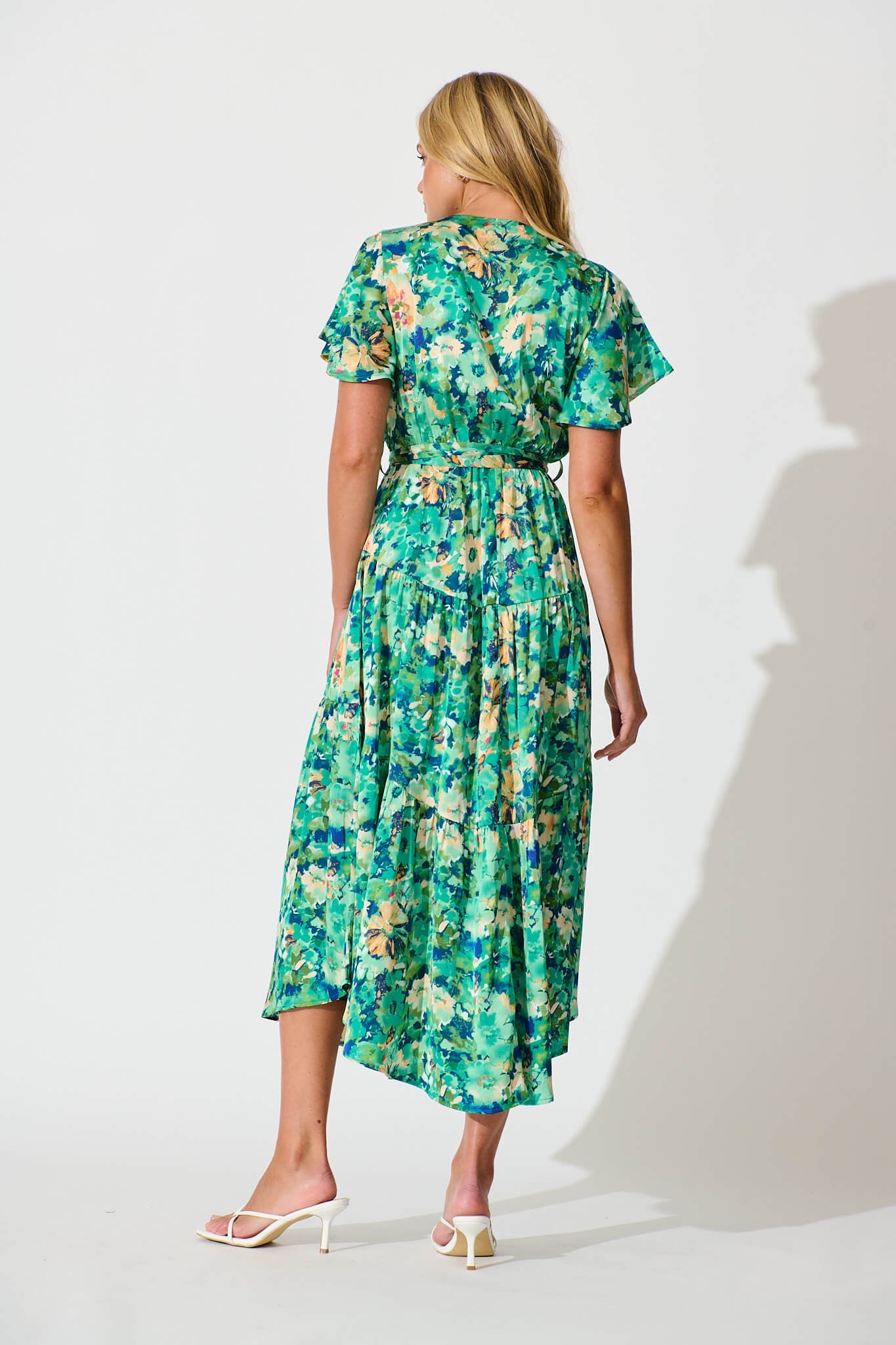 Heidi Maxi Dress In Green Watercolour Floral Satin