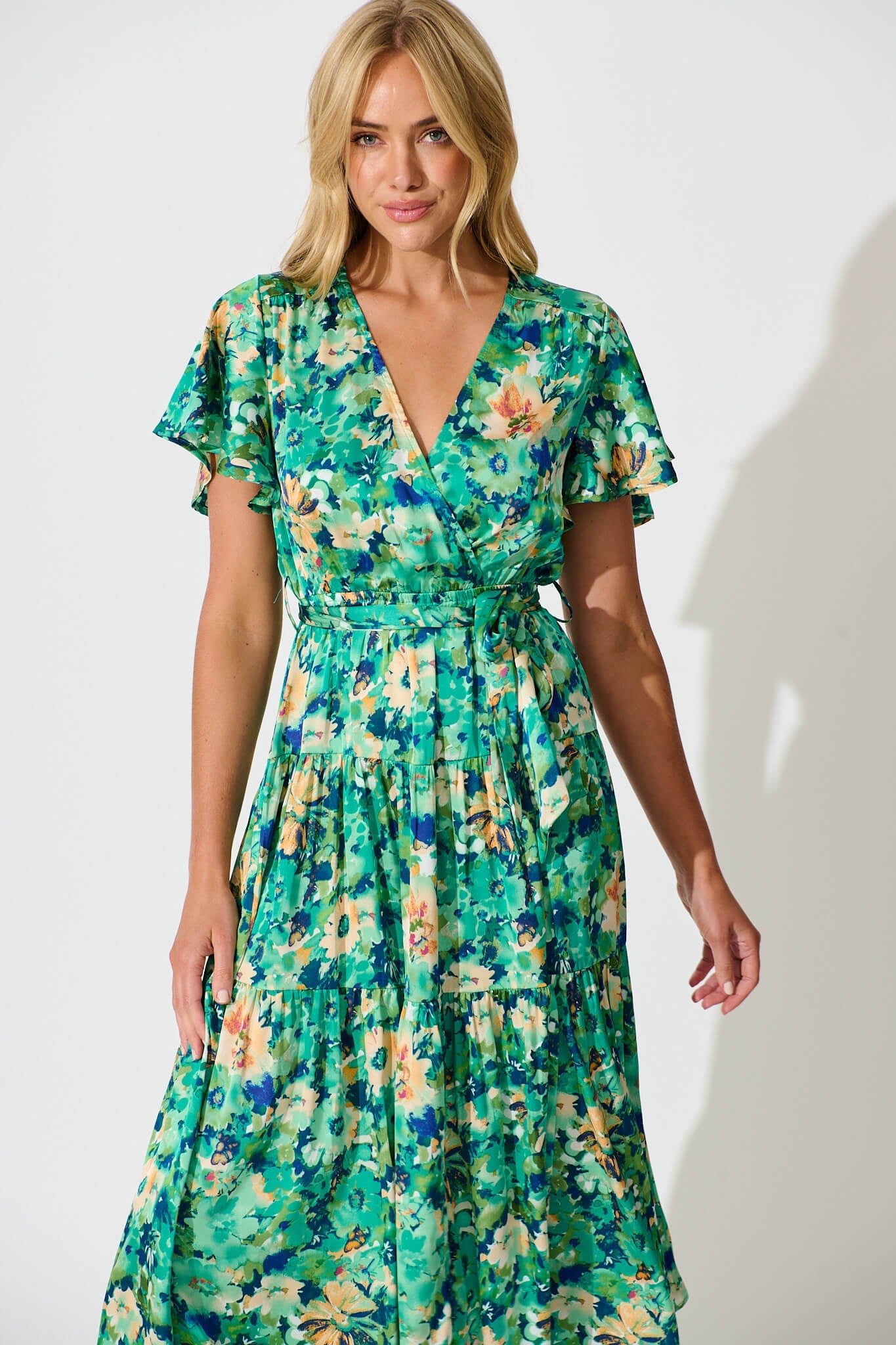 Heidi Maxi Dress In Green Watercolour Floral Satin