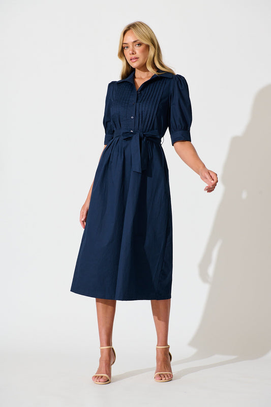 Mila Midi Dress in Navy Cotton