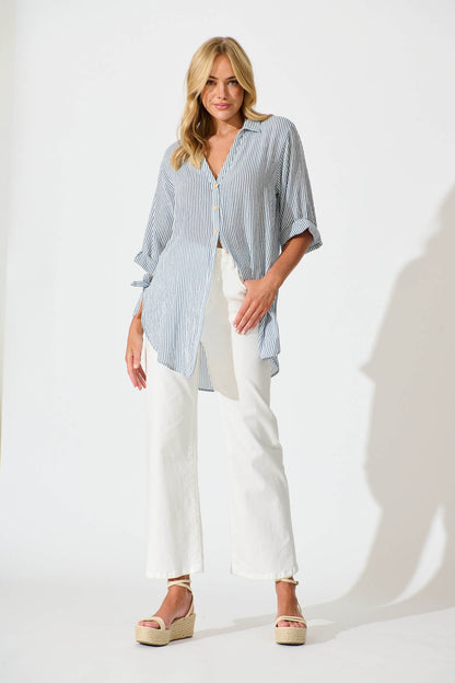 Harper Shirt in Blue and White Stripe Cotton Blend