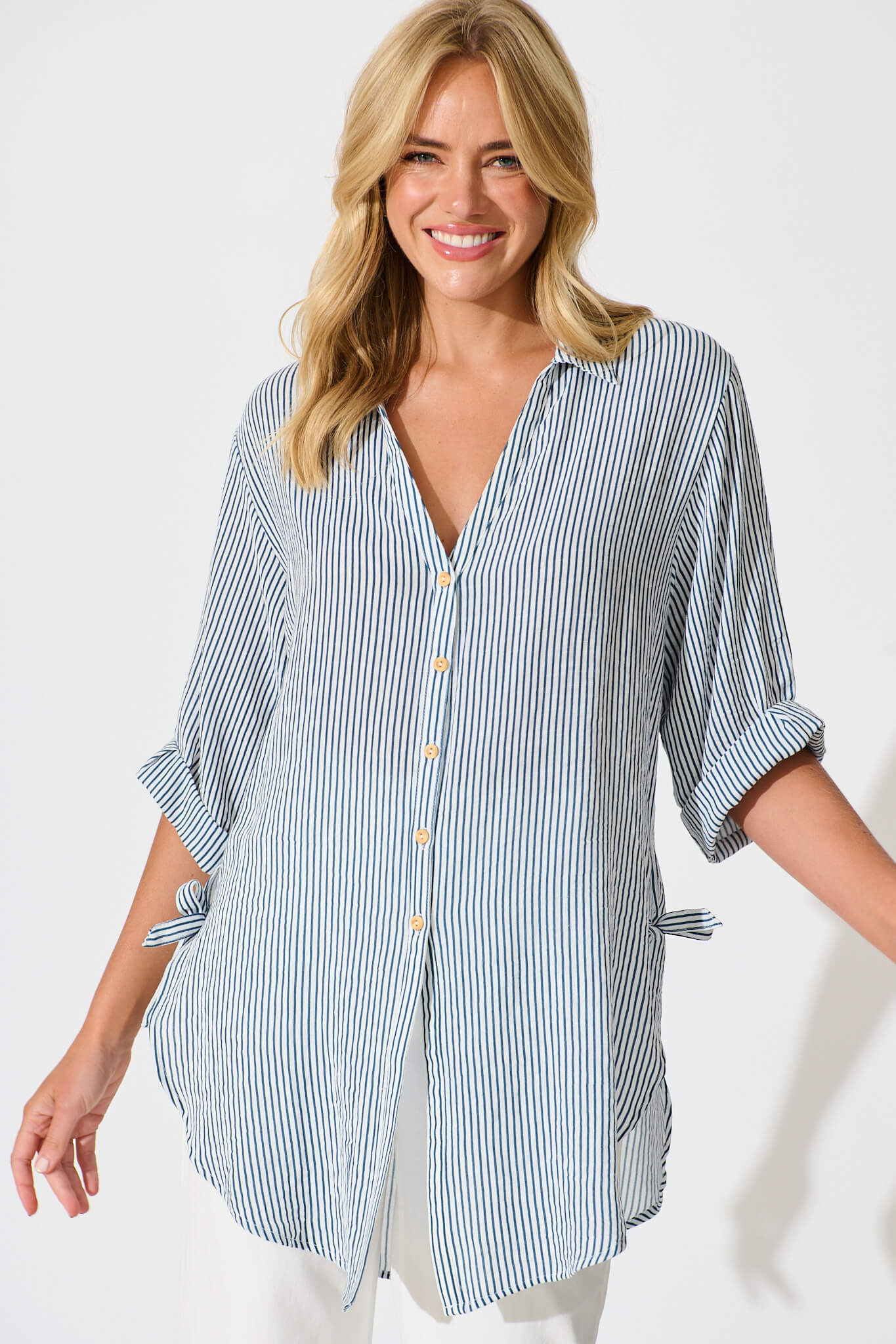 Harper Shirt in Blue and White Stripe Cotton Blend