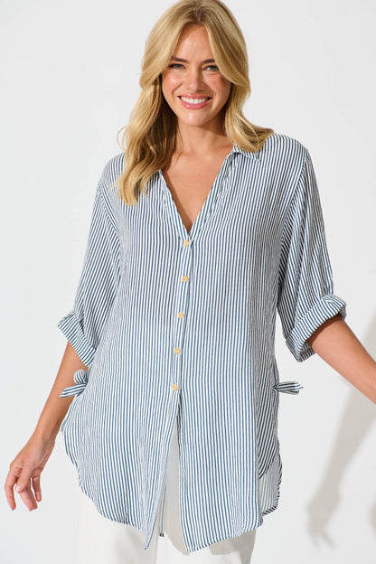 Harper Shirt in Blue and White Stripe Cotton Blend