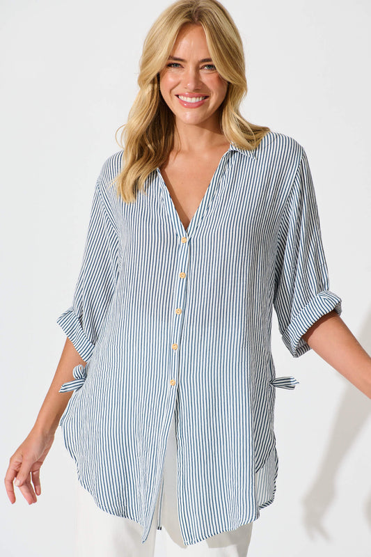 Harper Shirt in Blue and White Stripe Cotton Blend