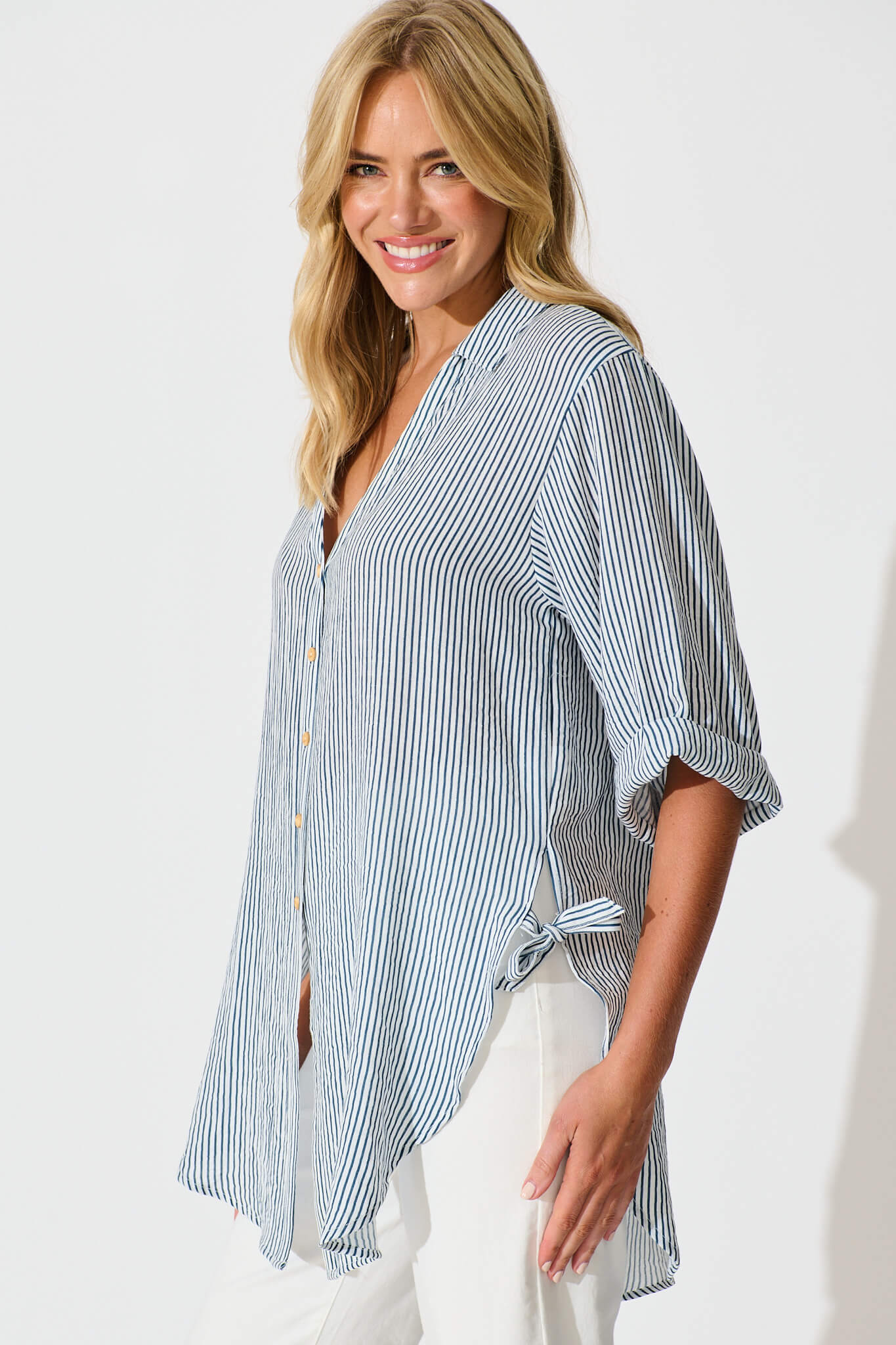 Harper Shirt in Blue and White Stripe Cotton Blend