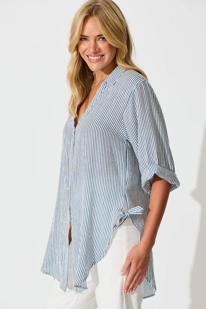 Harper Shirt in Blue and White Stripe Cotton Blend