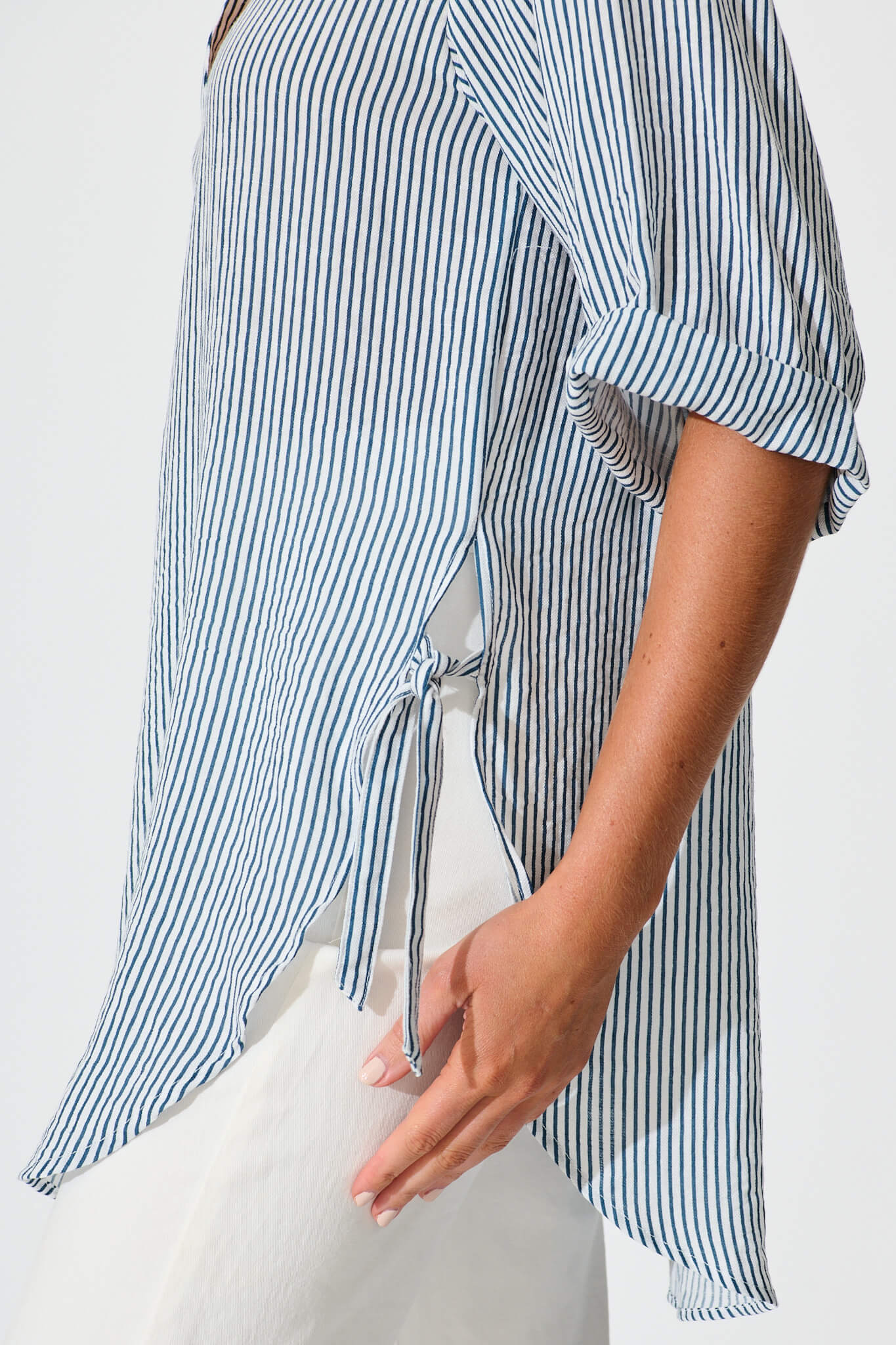 Harper Shirt in Blue and White Stripe Cotton Blend