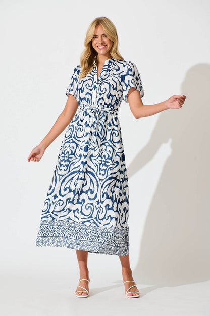 Selina Maxi Dress in White with Navy Linen Blend