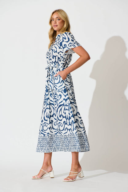 Selina Maxi Dress in White with Navy Linen Blend