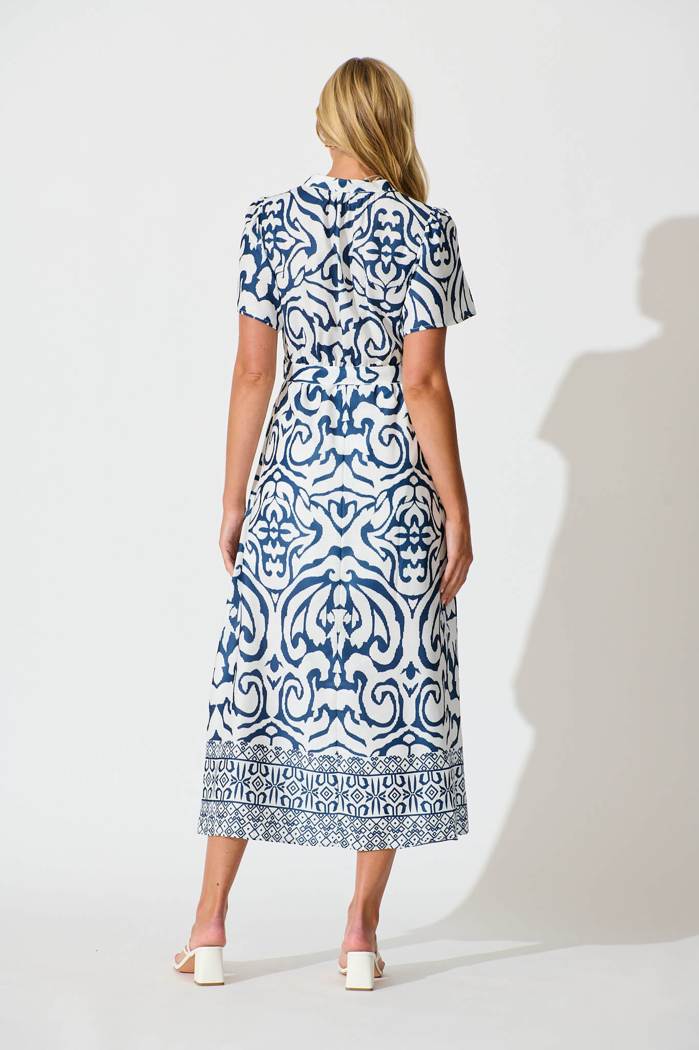 Selina Maxi Dress in White with Navy Linen Blend