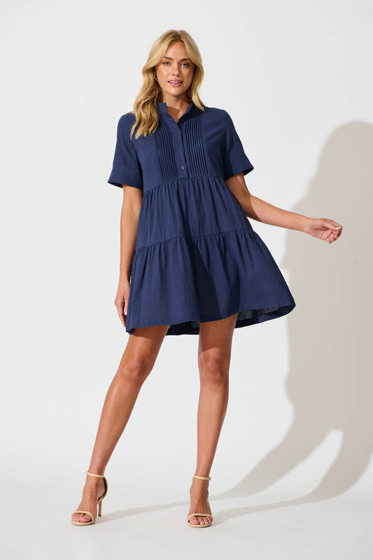 Vienna Smock Dress in Navy Cotton