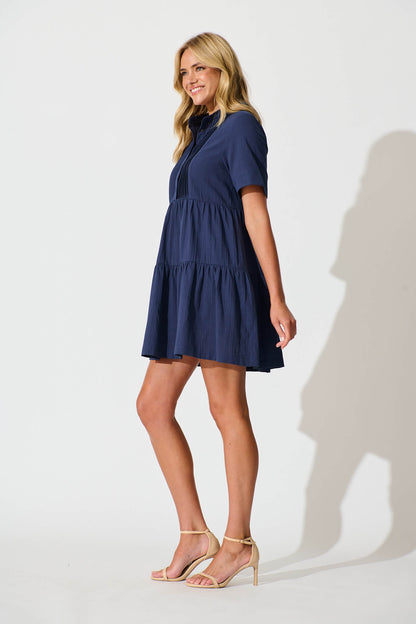 Vienna Smock Dress in Navy Cotton