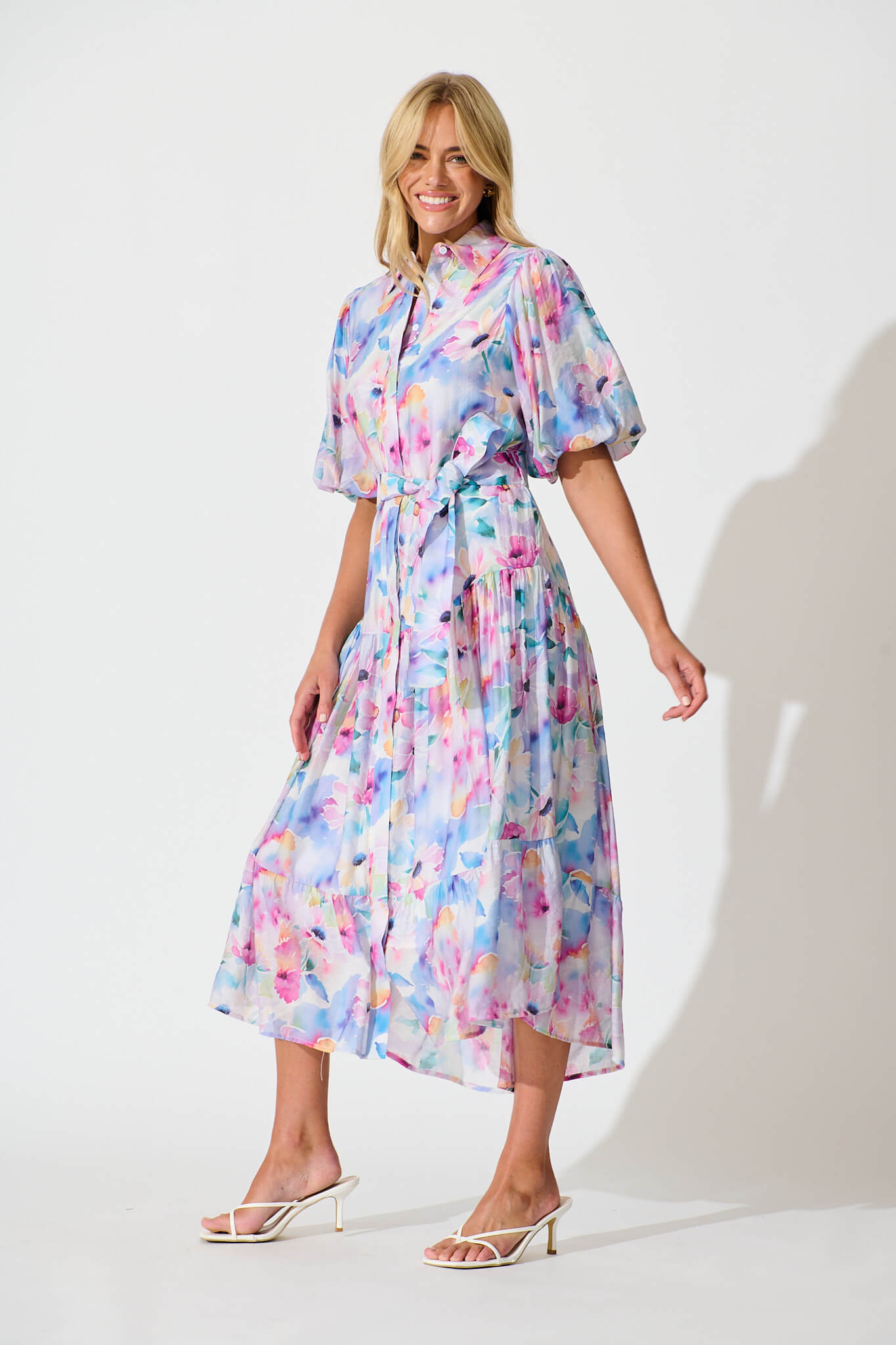 Rosina Maxi Shirt Dress in Pastel Watercolour Floral