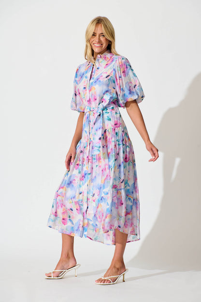 Rosina Maxi Shirt Dress in Pastel Watercolour Floral