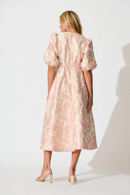 Opulence Midi Dress in Blush with Gold Jacquard