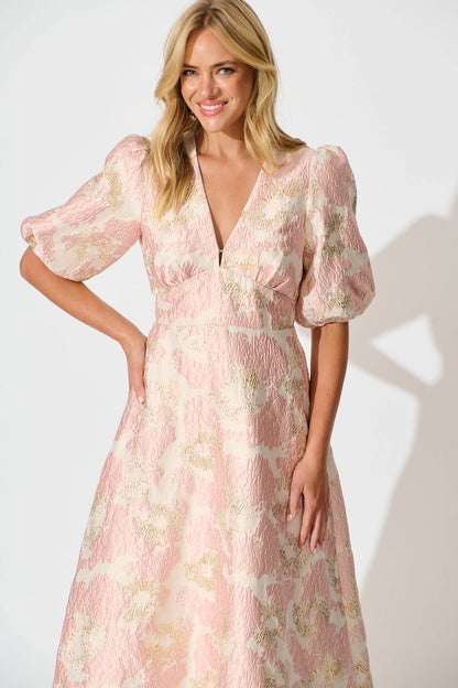 Opulence Midi Dress in Blush with Gold Jacquard