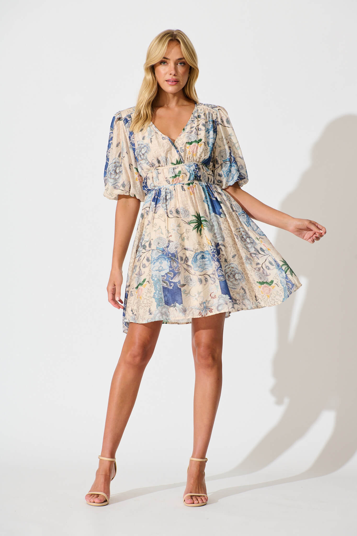 Soleil Dress in Beige with Blue Multi Floral