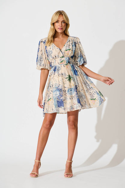 Soleil Dress in Beige with Blue Multi Floral