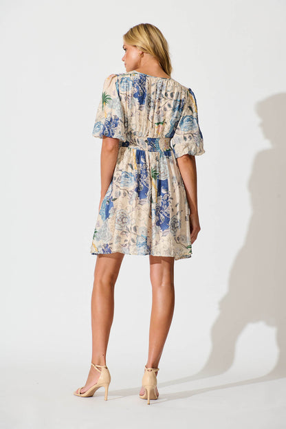 Soleil Dress in Beige with Blue Multi Floral