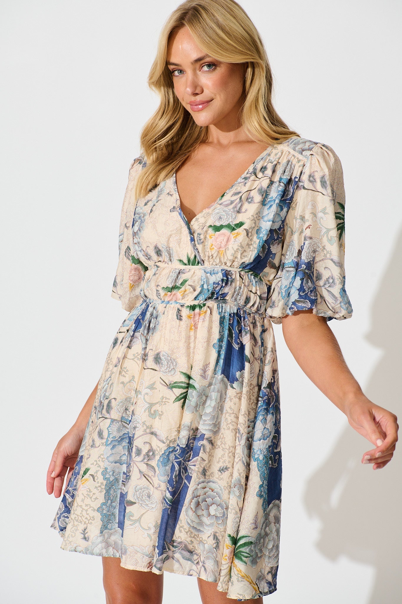 Soleil Dress in Beige with Blue Multi Floral