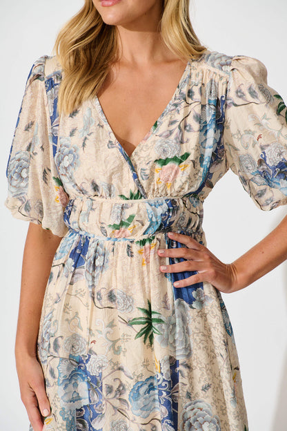 Soleil Dress in Beige with Blue Multi Floral