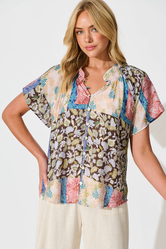 Lombard Top in Multi Patchwork Print