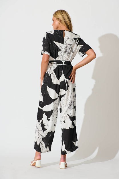 Calliope Jumpsuit In Black With White Floral