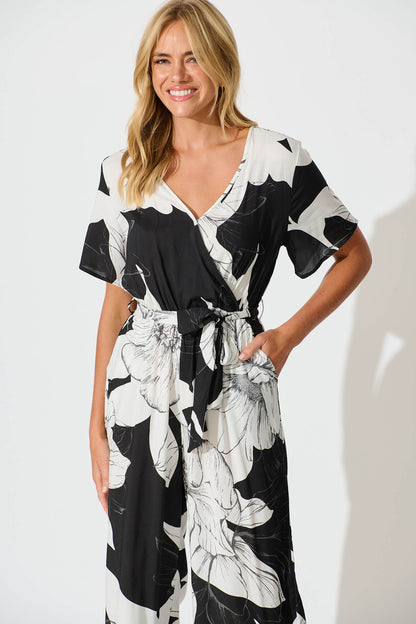 Calliope Jumpsuit In Black With White Floral