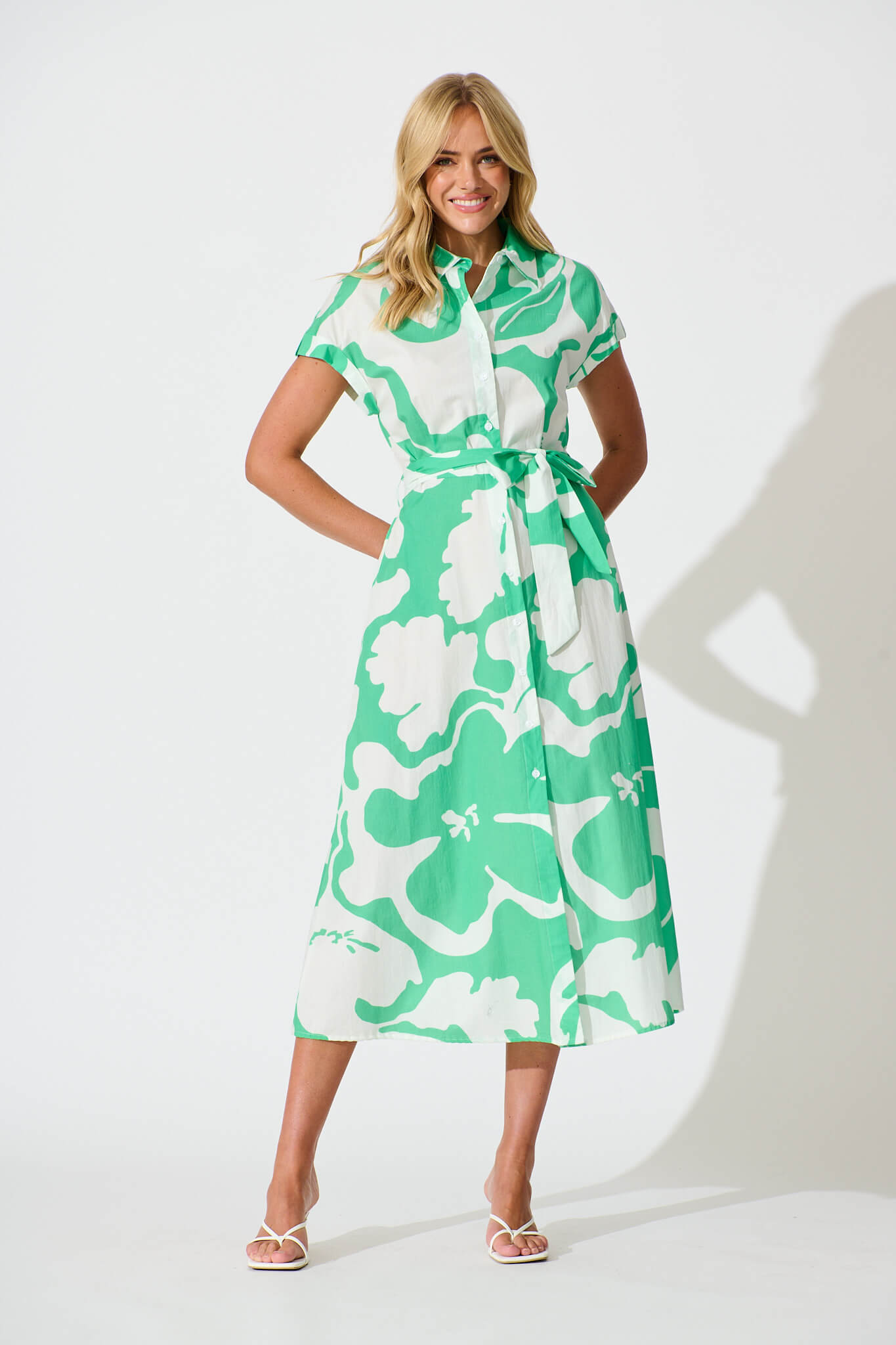 Vino Midi Shirt Dress in Green Print Cotton