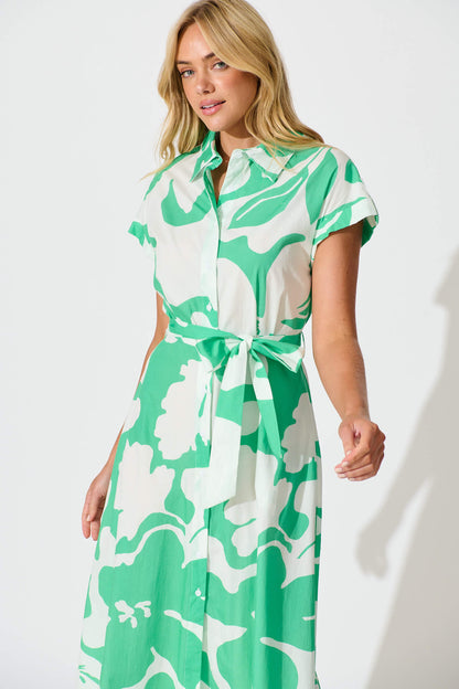 Vino Midi Shirt Dress in Green Print Cotton