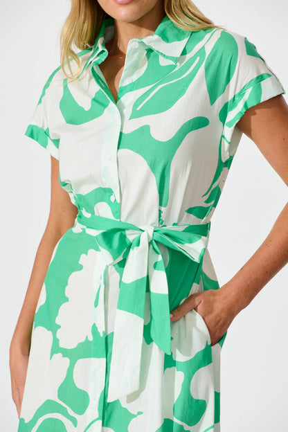 Vino Midi Shirt Dress in Green Print Cotton