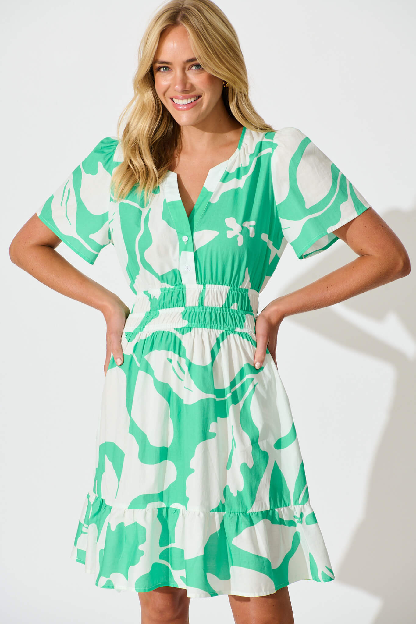 Quinlan Dress in Green Print Cotton