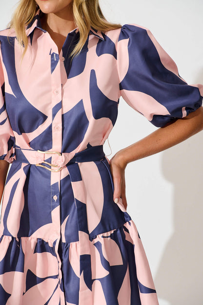 Janae Shirt Dress In Blue with Blush Print