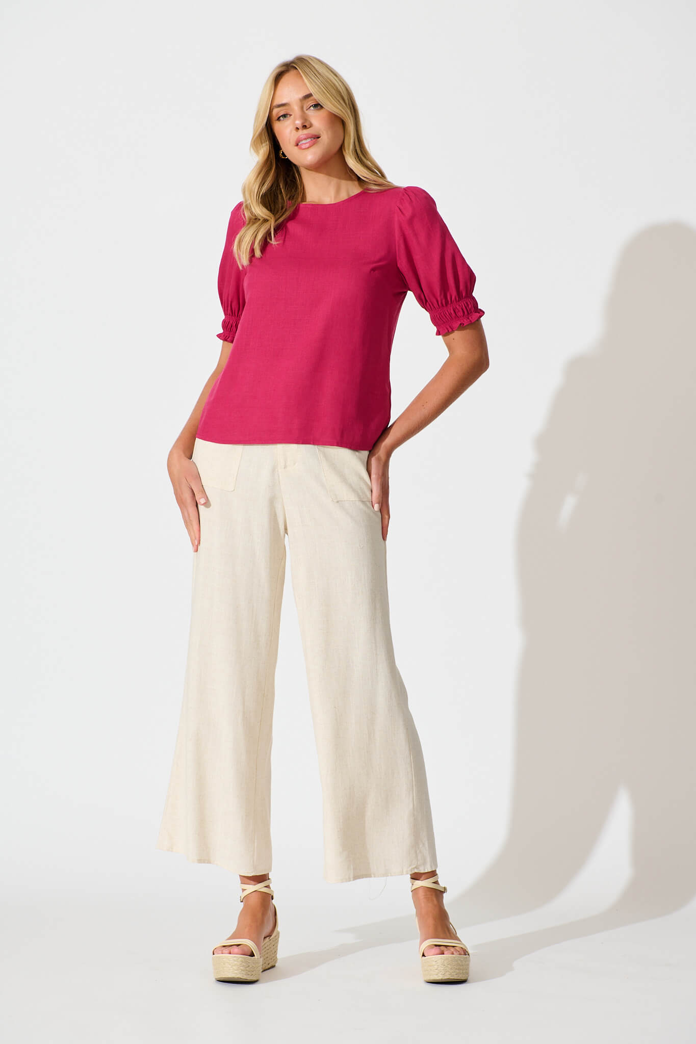 Melanie Top In Deep Rose Cotton Linen Blend