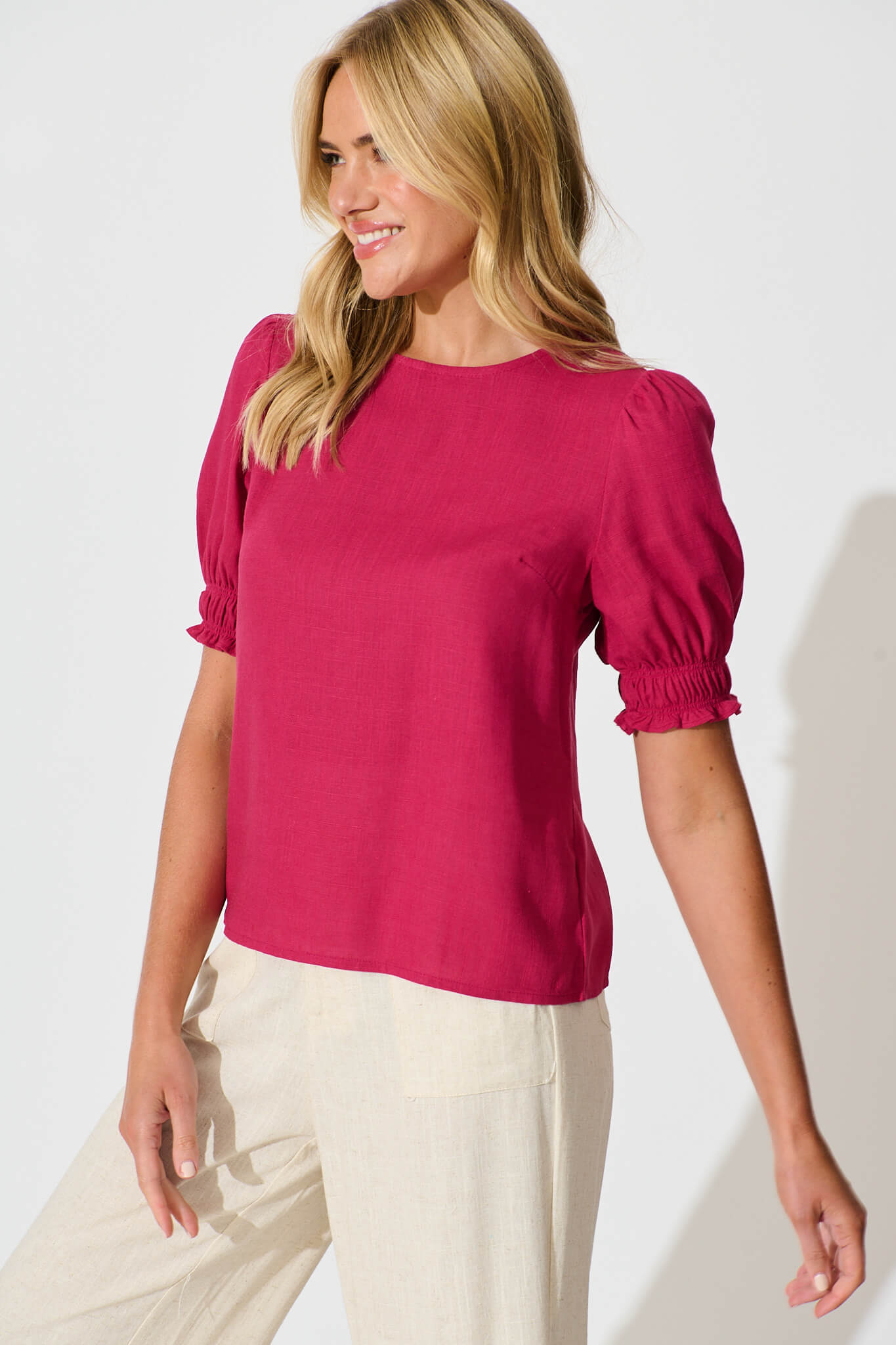 Melanie Top In Deep Rose Cotton Linen Blend