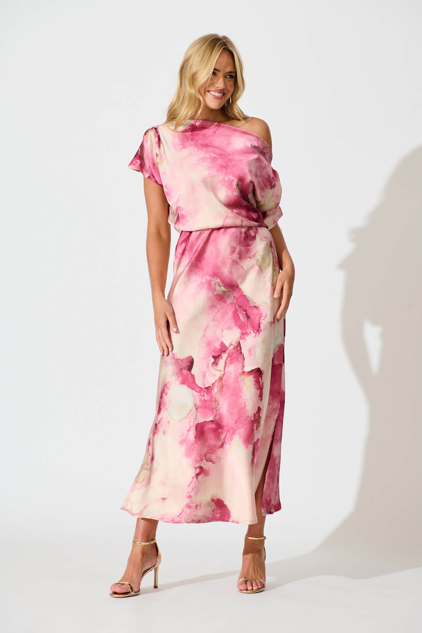 Sarita Maxi Off Shoulder Dress in Magenta Watercolour Satin