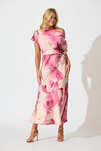 Sarita Maxi Off Shoulder Dress in Magenta Watercolour Satin