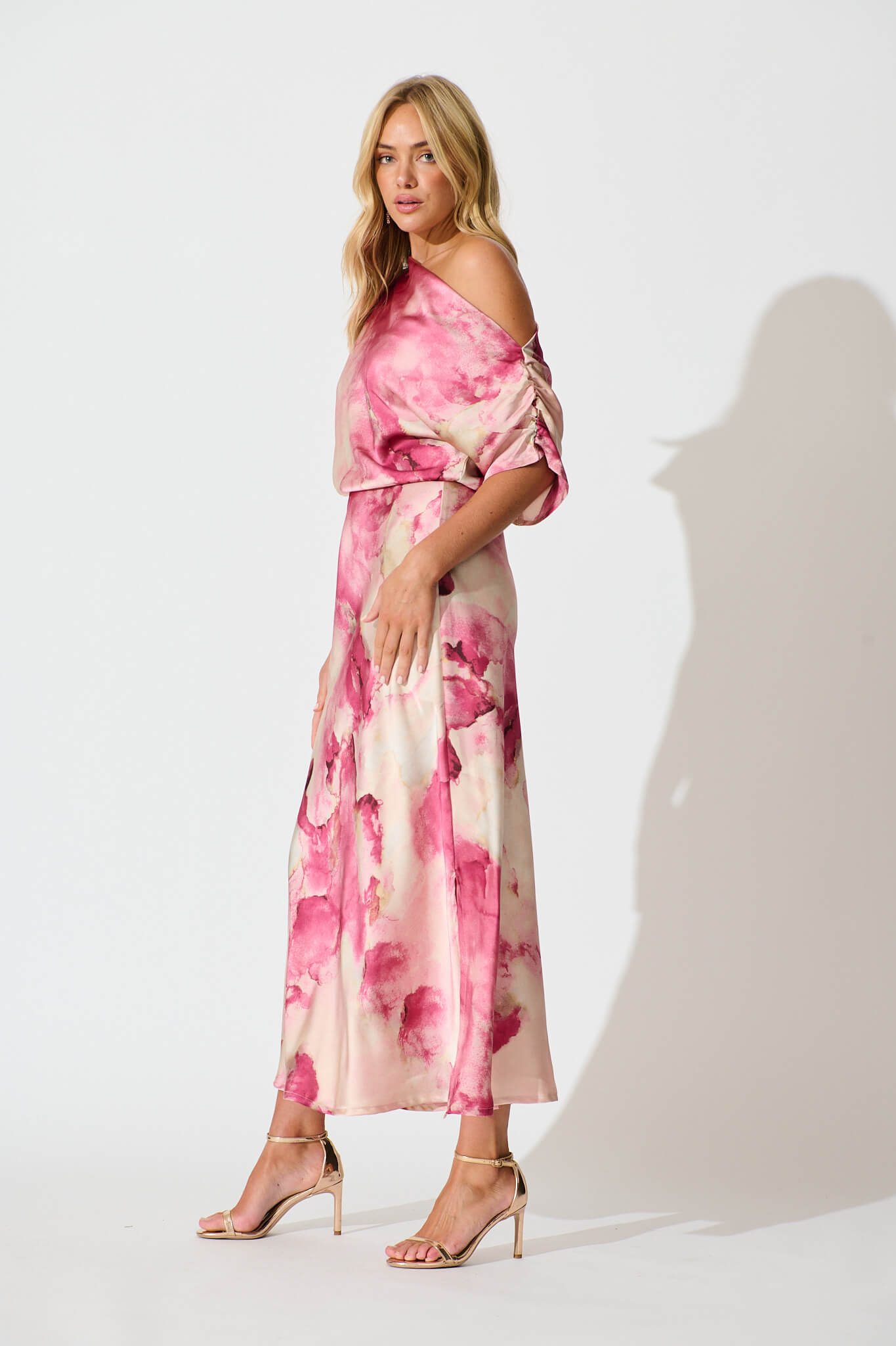 Sarita Maxi Off Shoulder Dress in Magenta Watercolour Satin