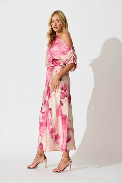 Sarita Maxi Off Shoulder Dress in Magenta Watercolour Satin