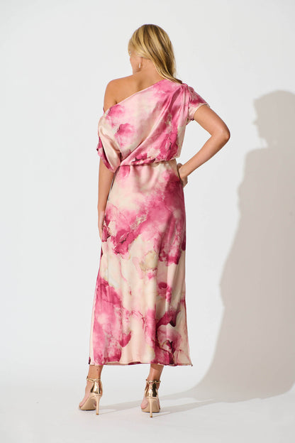 Sarita Maxi Off Shoulder Dress in Magenta Watercolour Satin