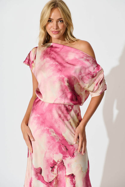 Sarita Maxi Off Shoulder Dress in Magenta Watercolour Satin