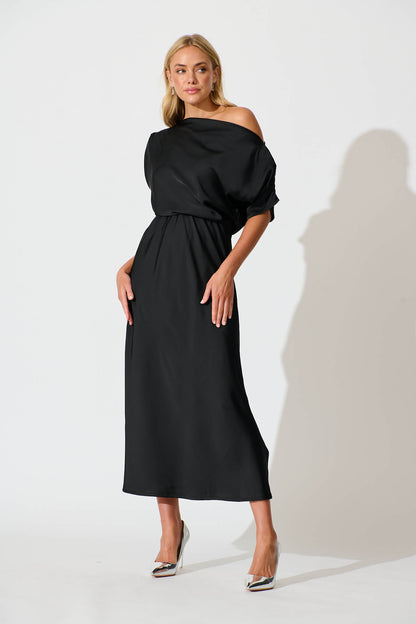 Sarita Maxi Off Shoulder Dress in Black Satin