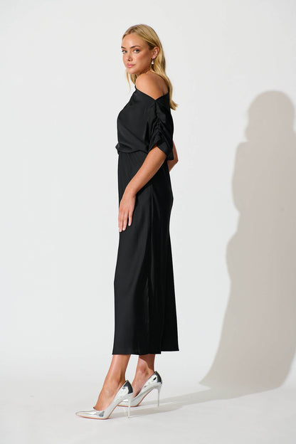 Sarita Maxi Off Shoulder Dress in Black Satin
