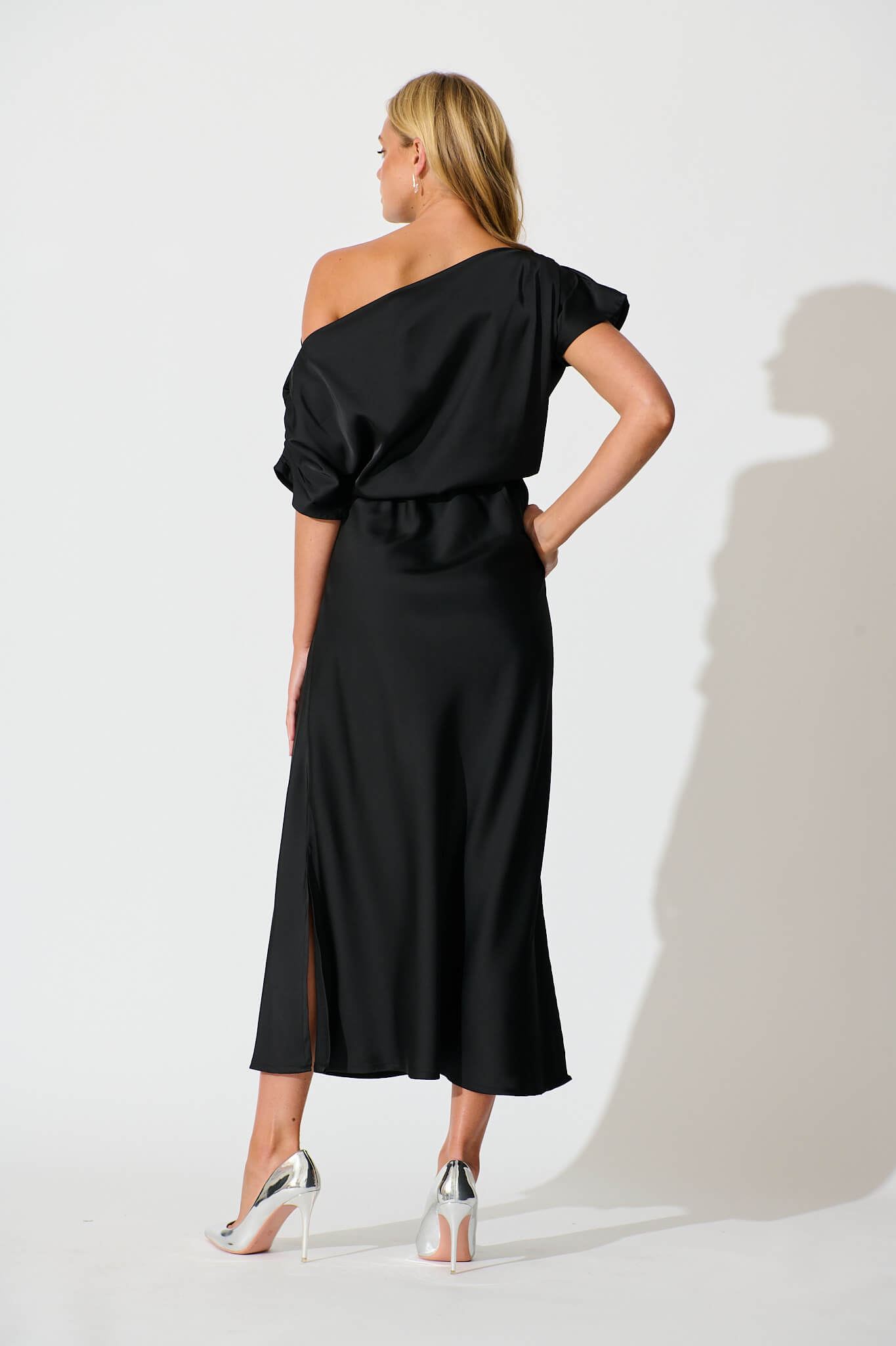 Sarita Maxi Off Shoulder Dress in Black Satin