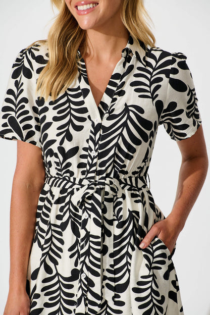 Edna Shirt Dress in Cream with Black Print