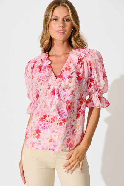 Vivica Top in Pink and Purple Watercolour Floral
